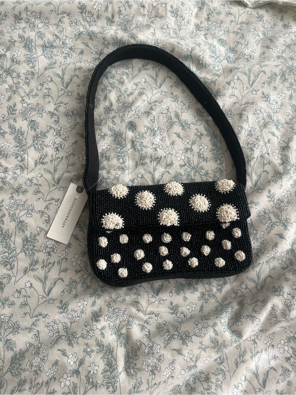 Anthropologie Black Beaded Shoulder Bag with White Dot Embellishments